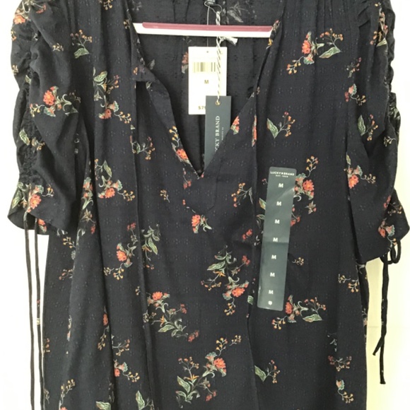 Lucky Brand tie sleeve blue floral blouse size M - Picture 4 of 7